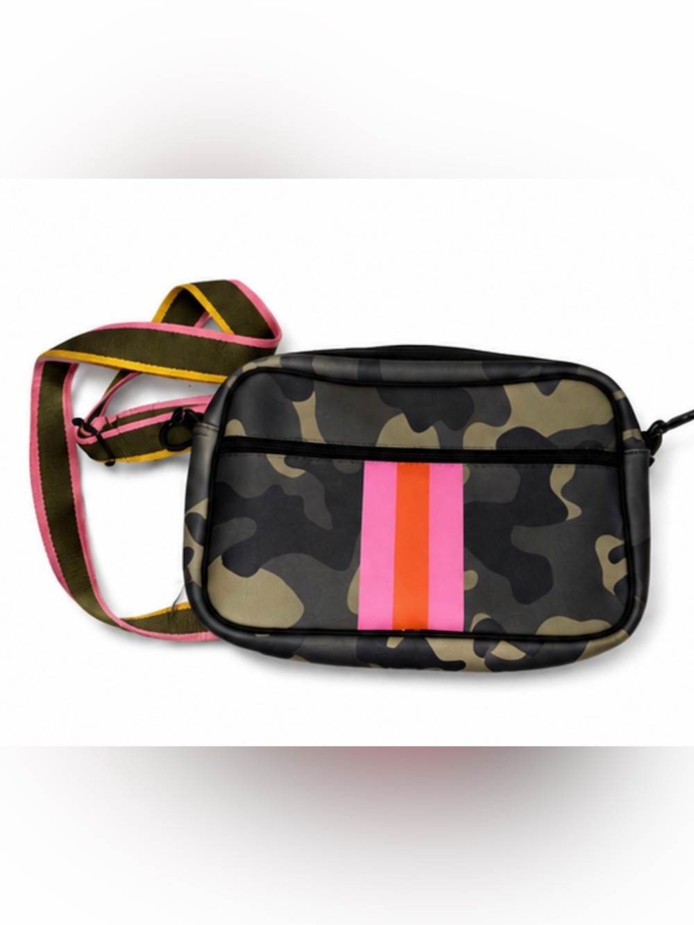 Camouflage Neoprene Crossbody Bag with Pink & Orange Stripe